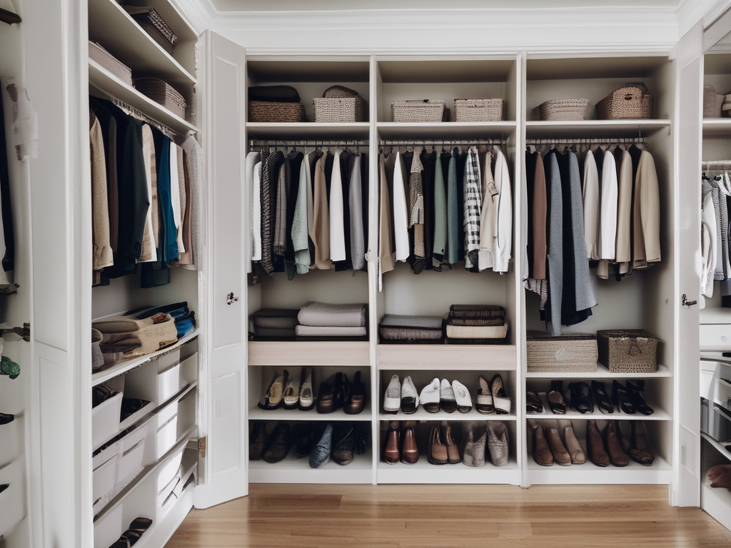 Beautifully organized closet with neatly folded clothes and labeled bins