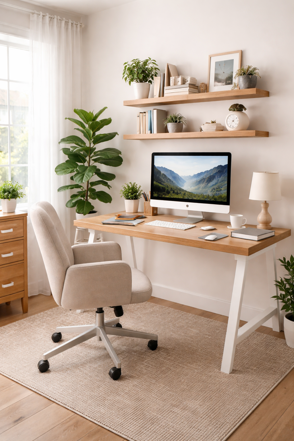 Clean and organized home office setup with tidy desk and storage