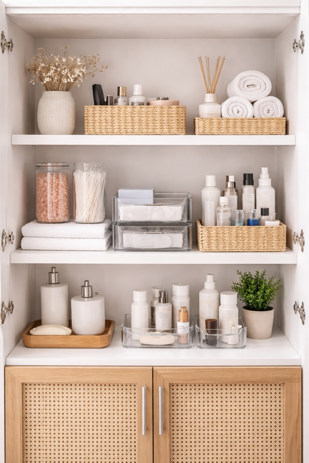 Serene organized bathroom with neatly arranged products and clean countertops